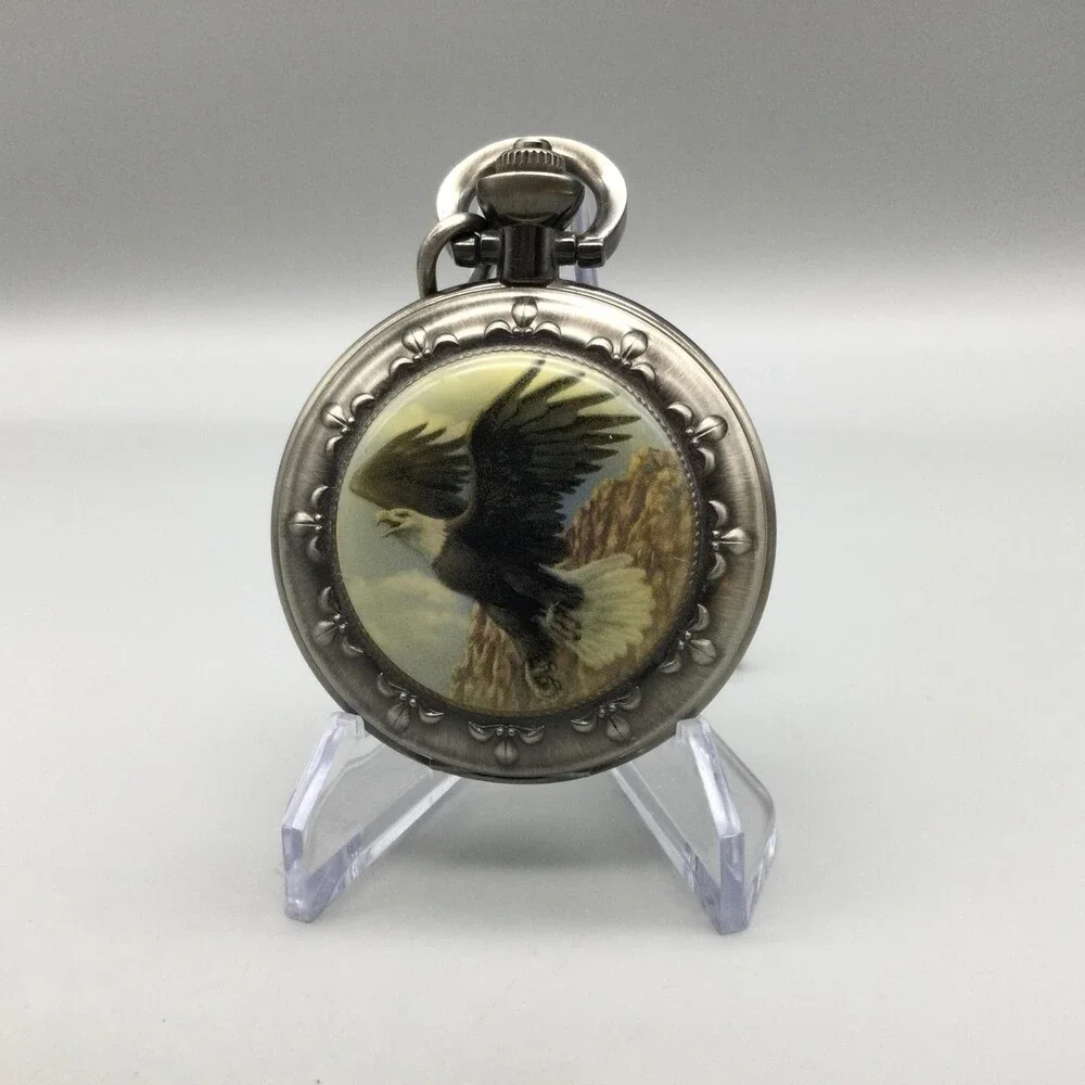 Majesti Bald Eagle Pocket Watch Men 51mm Silver Tone Full Hunter New Battery